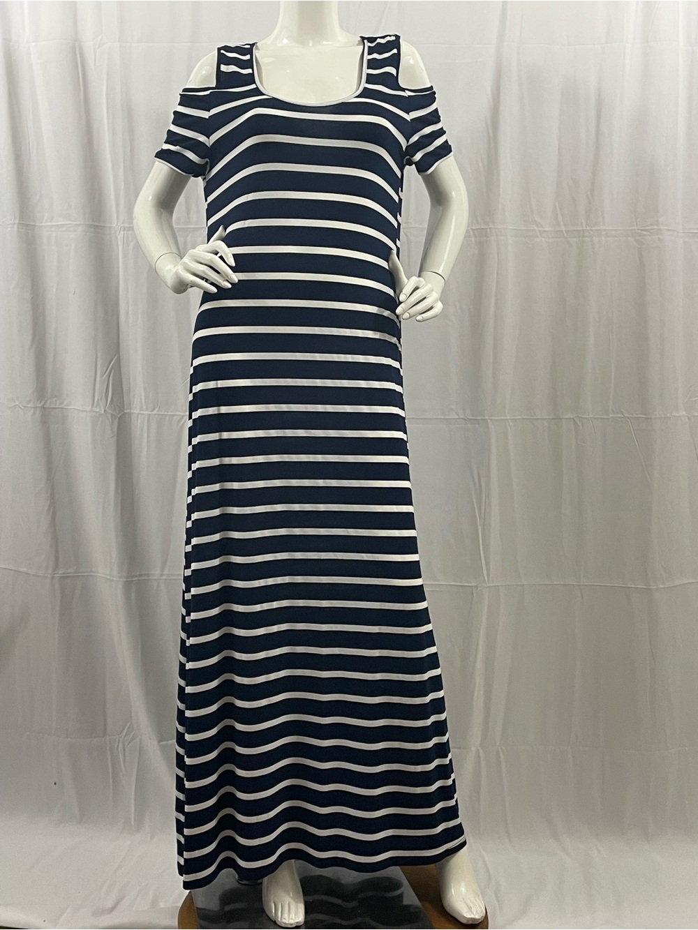 5th & Love Navy and White Striped Cold-Shoulder Maxi Dress